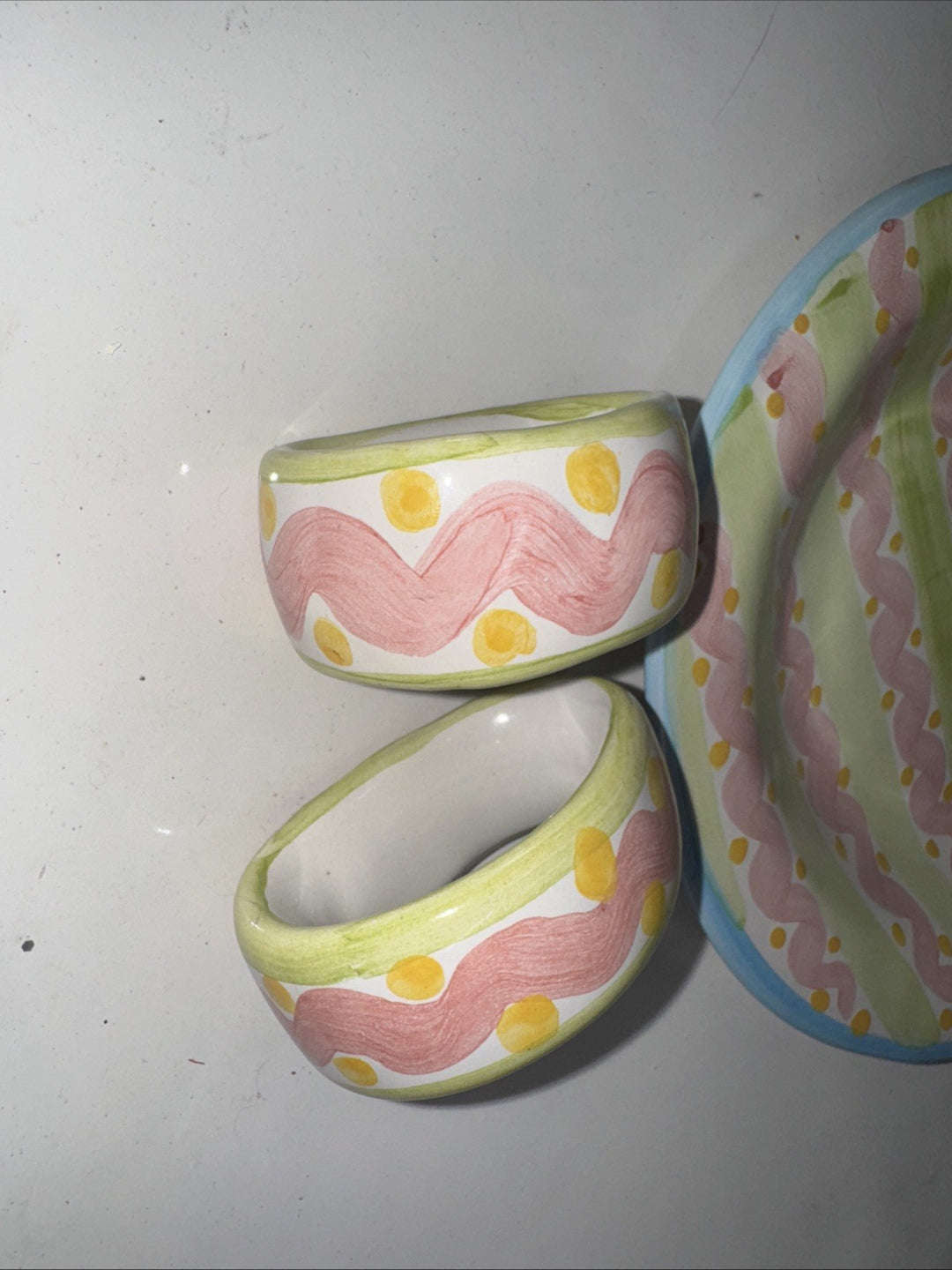 Lot of 2 Mackenzie Childs Napkin Rings Ceramic Charmain Wallcourt Excellent!