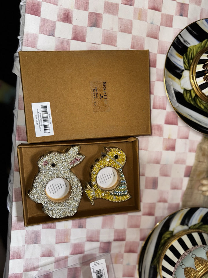 Mackenzie Childs Tea light Candle Holders Set Of 2 NIB  Bunny And Chick  Beaded