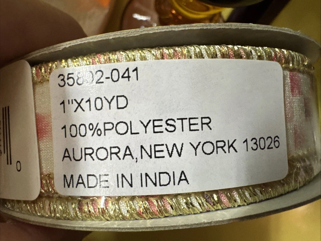 Mackenzie Childs Rosy  Check & Gold   1" Wide Wire RIBBON NEW 10YD