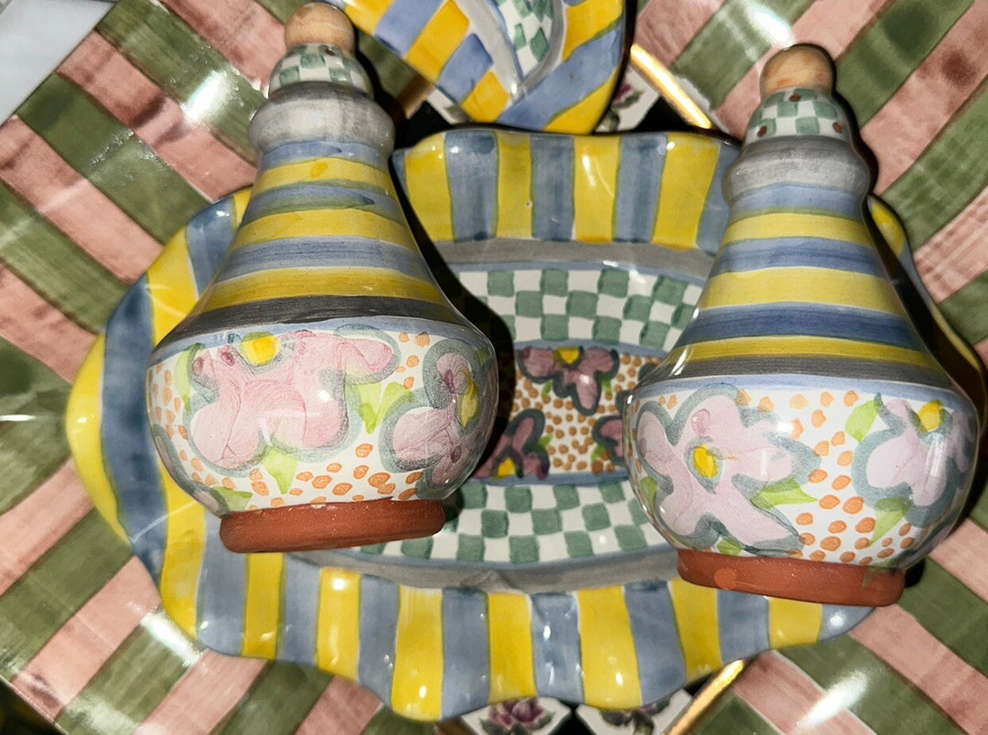 MacKenzie Childs Myrtle  Salt and  Pepper Shakers w Fluted Oval Plate - Ceramic
