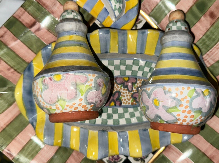 MacKenzie Childs Myrtle  Salt and  Pepper Shakers w Fluted Oval Plate - Ceramic
