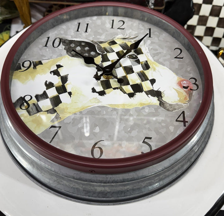 Mackenzie Childs Galvanized Metal Cora Cow Wall Clock Courtly Check OPEN BOX