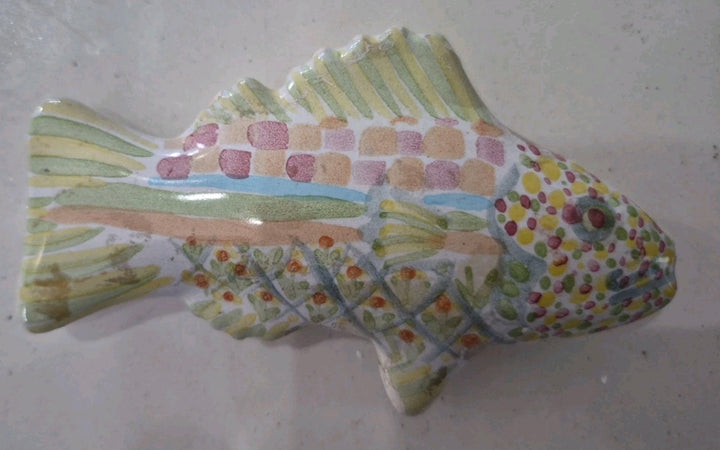 Pair Vintage MacKenzie-Childs Pottery Fish Cabinet Knobs / Drawer Pulls