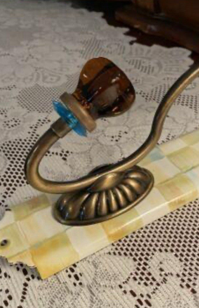MacKenzie Childs Parchment Check Enamel Double Wall Hook Blue Rings- Retired