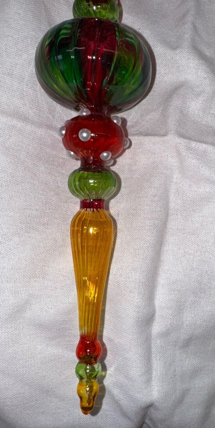 Mackenzie Childs Iridescent GLASS ICICLE  Red Green, Yellow Pearls Drop Ornament