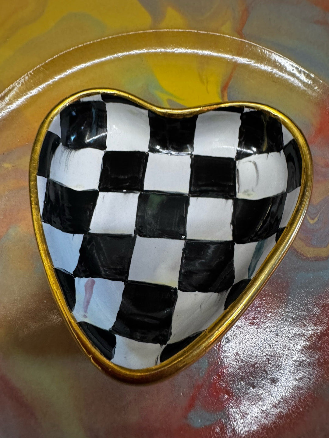 MacKenzie Childs Courtly Check 3.5” Heart  Small Trinket Bowl -made In Aurora