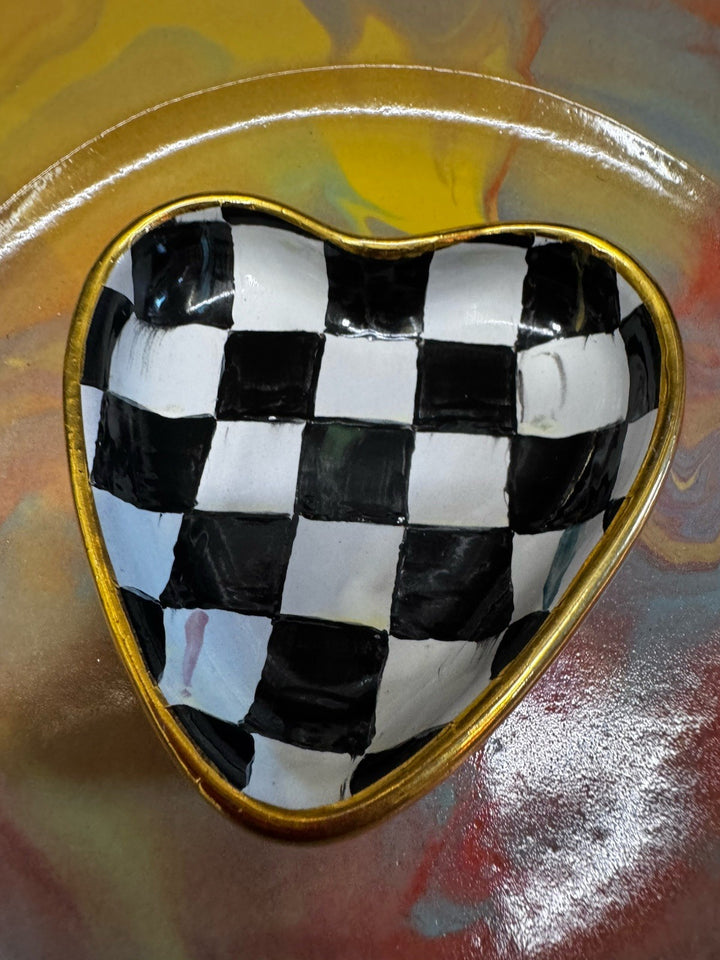 MacKenzie Childs Courtly Check 3.5” Heart  Small Trinket Bowl -made In Aurora