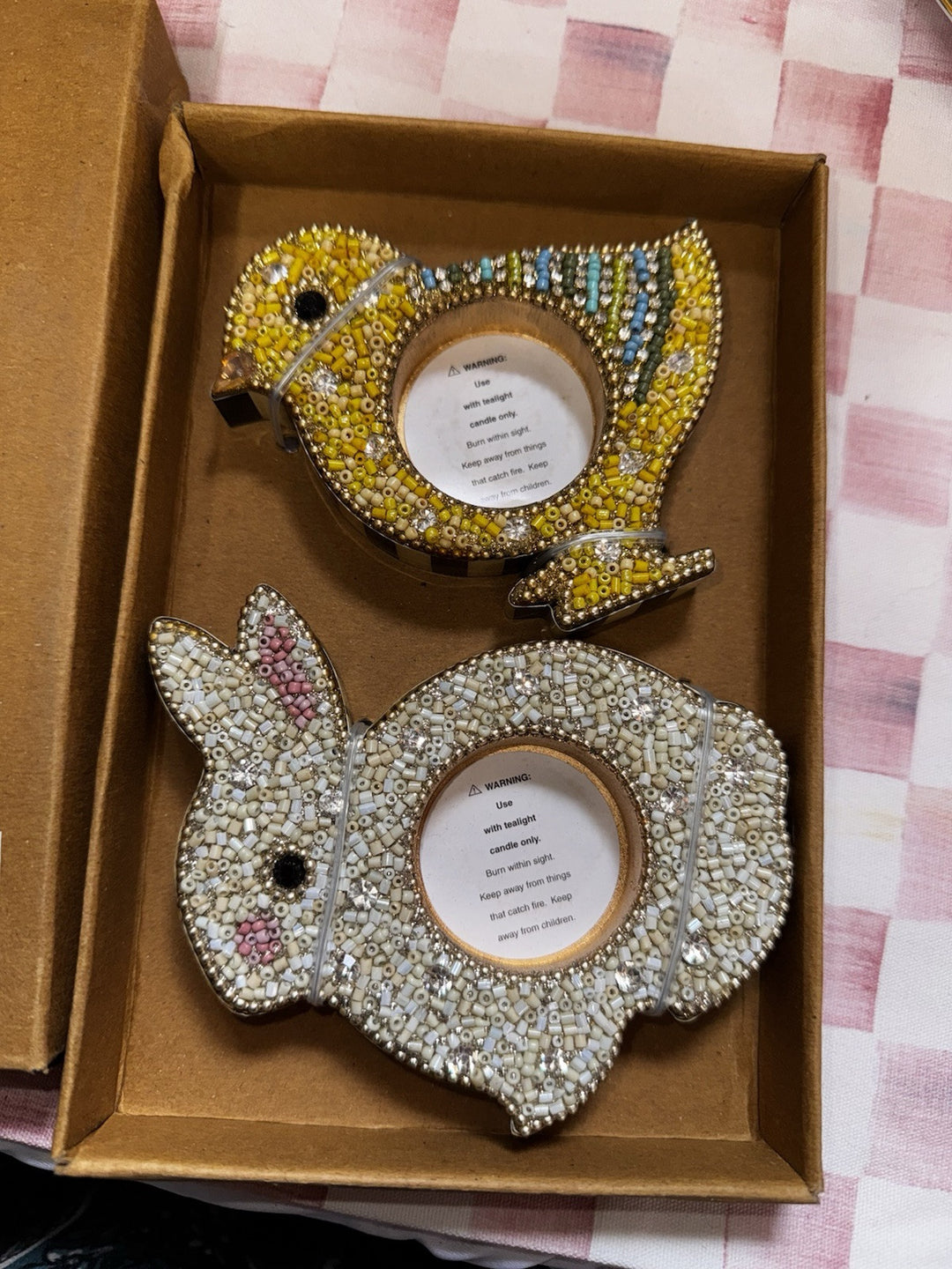 Mackenzie Childs Tea light Candle Holders Set Of 2 NIB  Bunny And Chick  Beaded