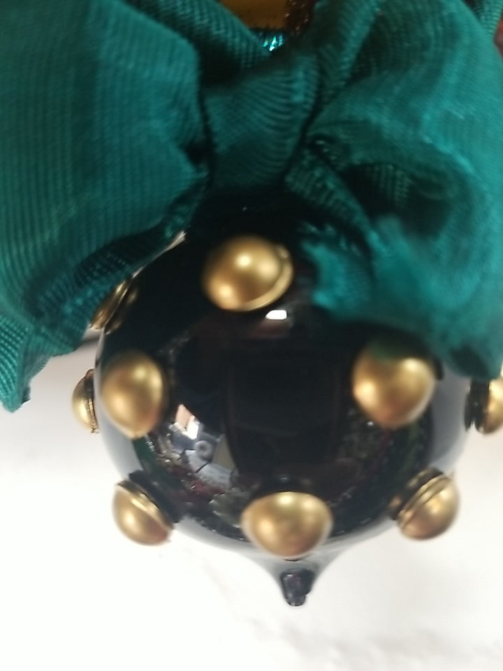 MacKenzie Childs Frank And Mustard  Striped Double Drop Glass Ornament