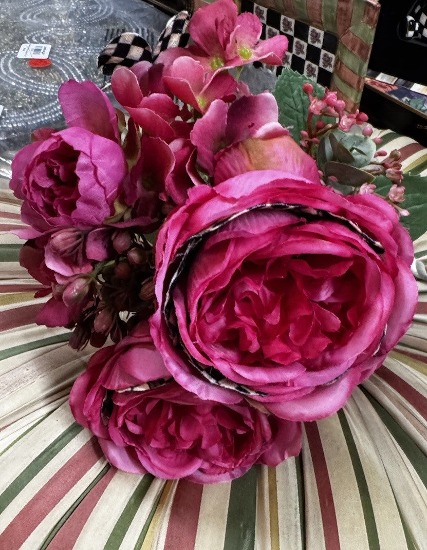 MacKENZIE CHILDS Fushia Rose Hydrangea BOUQUET Courtly Check RETIRED