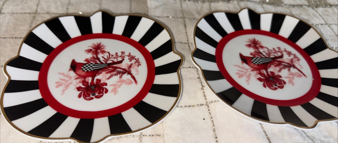 Mackenzie Childs Cardinal Toile 6” Wide Bread & Butter Plate- Set Of 2 NIB