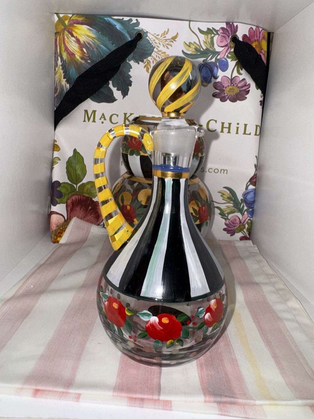 Mackenzie Childs Oil Or Vinegar Cruet Yellow Top Red Flowers Circus Design 7.25”