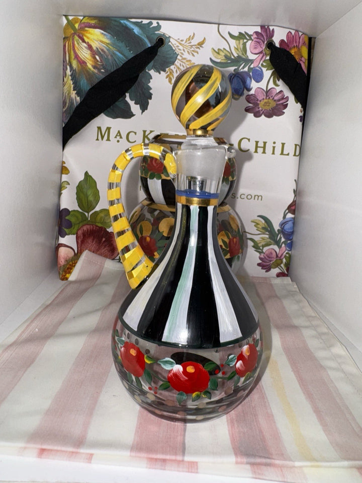 Mackenzie Childs Oil Or Vinegar Cruet Yellow Top Red Flowers Circus Design 7.25”