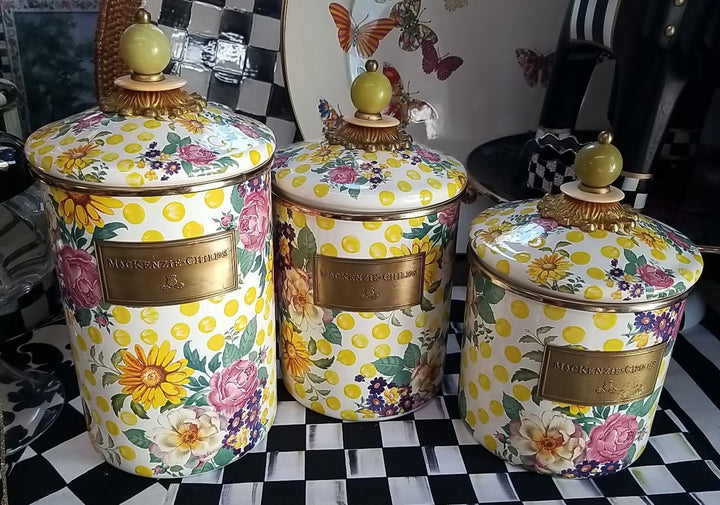 MacKenzie Childs Buttercup Canisters Set of 3, Retired Pattern, Lidded. S M L