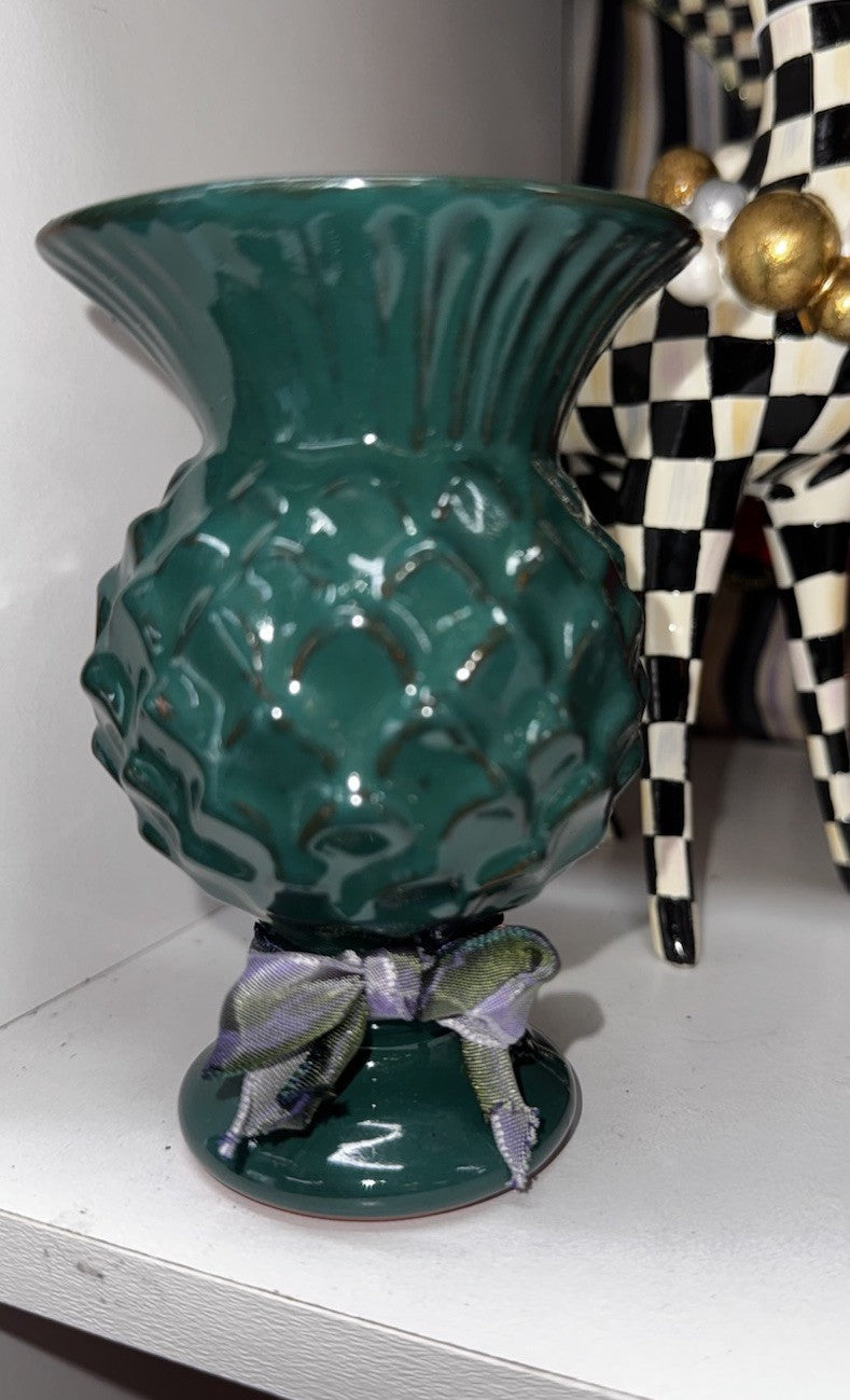 Mackenzie Childs Small  Thistle Vase - Dark Green Ceramic - 4.5” Tall- New