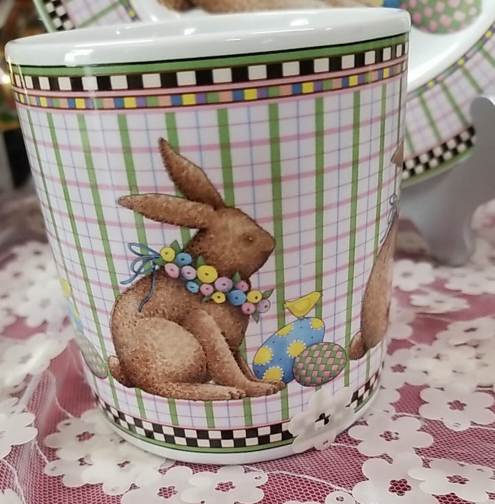 Debbie Mumm Sakura Easter Plate 8 1/4" & mug Set Bunny Eggs 1998-pink w/ Checks