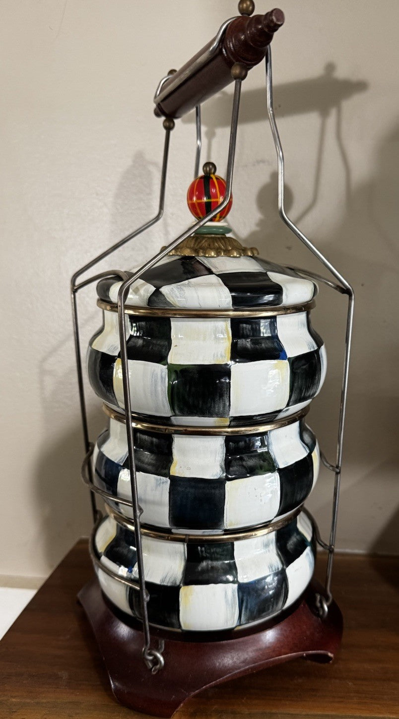 Mackenzie Childs Courtly Check Stack Squash Pot Tiffin Set 1995 Enamel