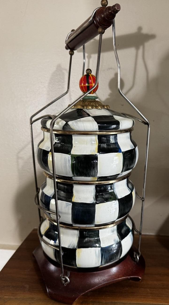 Mackenzie Childs Courtly Check Stack Squash Pot Tiffin Set 1995 Enamel