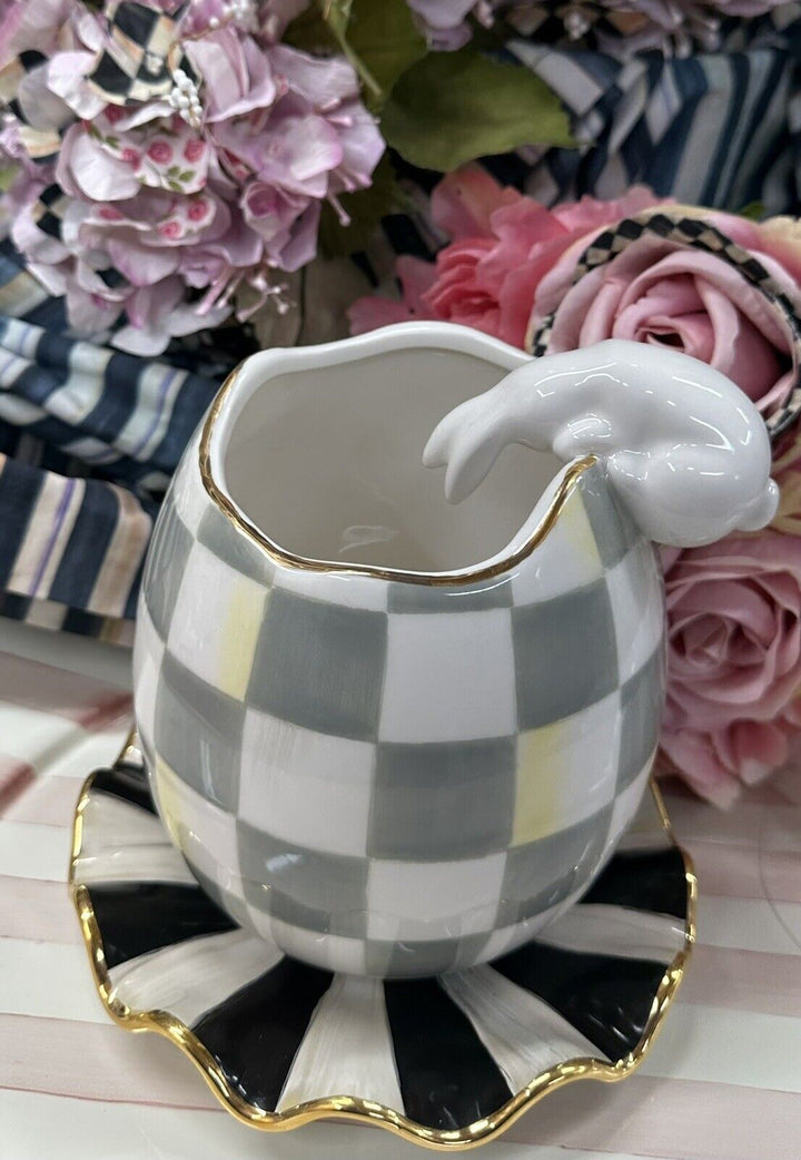 Mackenzie Childs, Sterling CHECK Rabbit Looking Into Egg 9” Tall