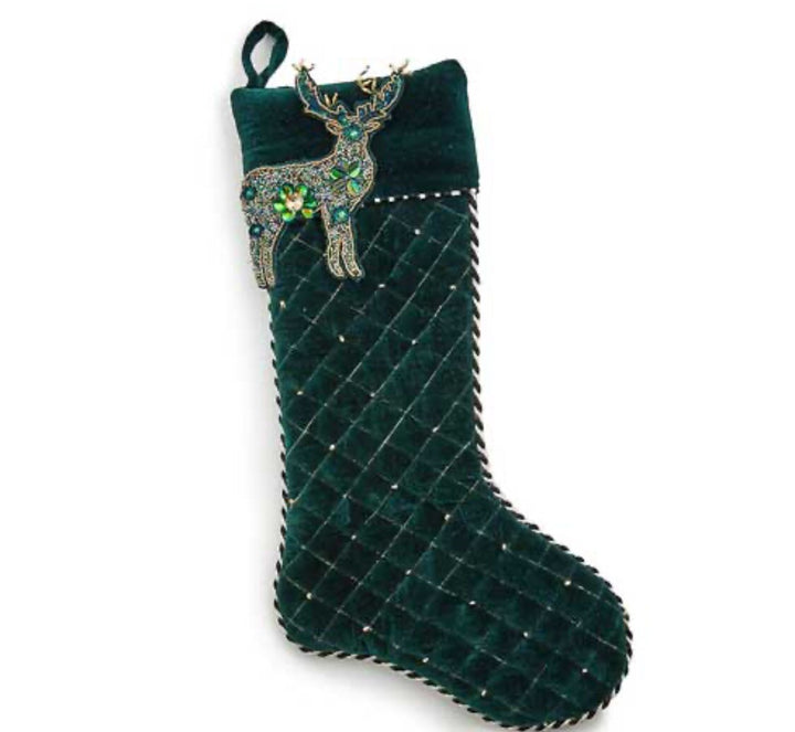 MACKENZIE CHILDS Emerald Beaded Deer CHRISTMAS STOCKING BNWT