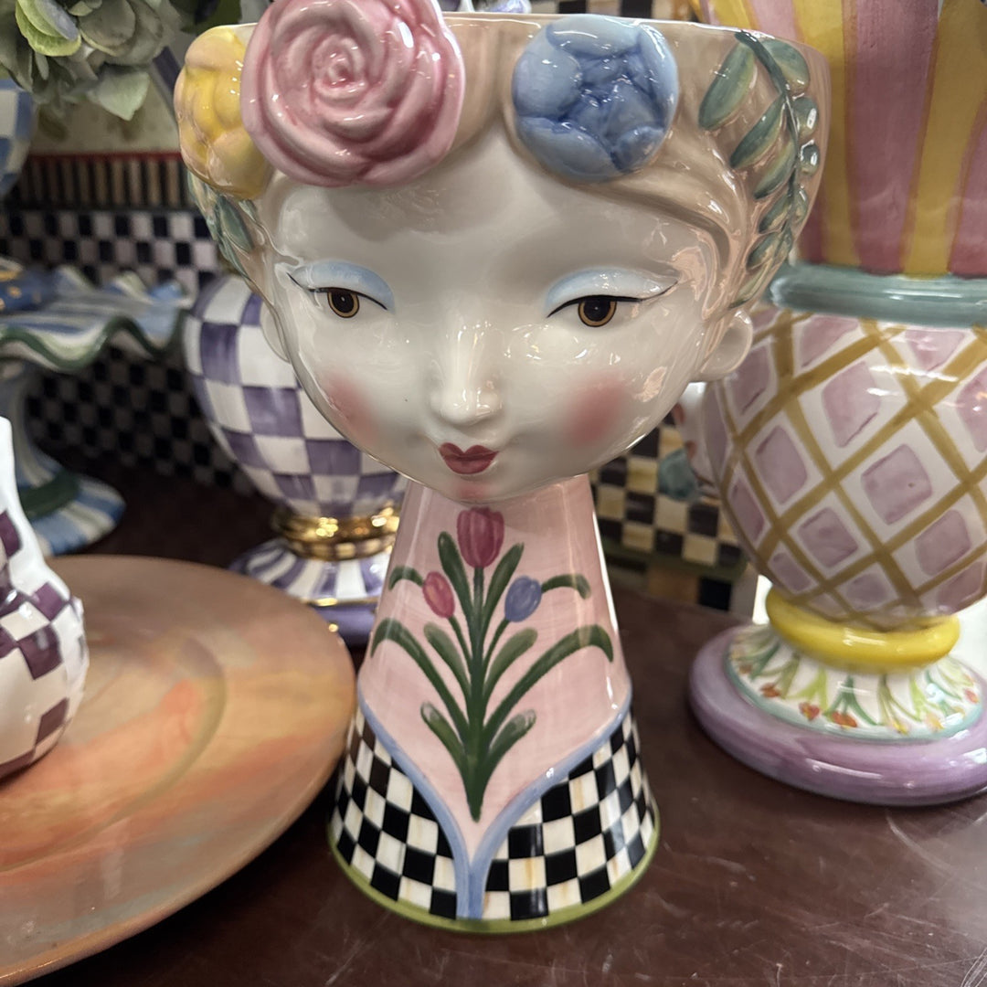 Mackenzie Childs Flower Lady Head Vase Courtly Check Floral Ceramic Planter