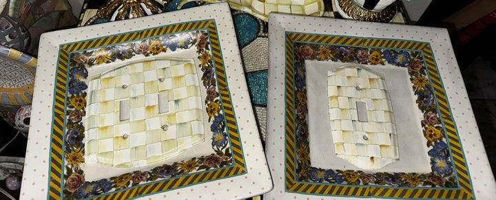 Mackenzie Childs One Square Hopscotch Plate 9.25” White Ceramic Polka Dot Floral