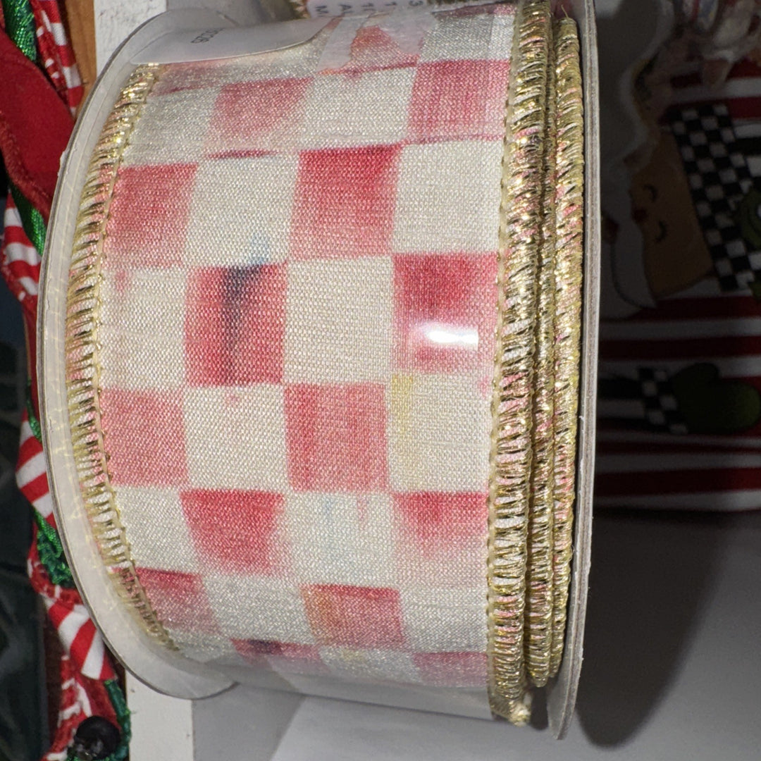 MacKenzie Childs 1 Roll Rosy  Check Wired Ribbon Red  2”wide-10yards Roll Pink