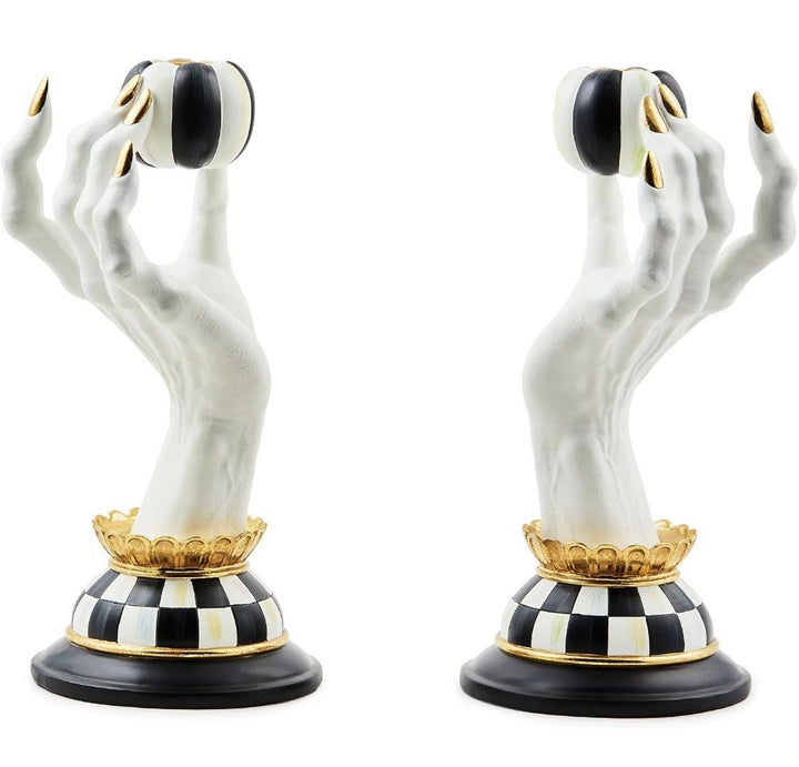 MACKENZIE CHILDS Resin Haunted House Spooky Hand Candle Holder Set New