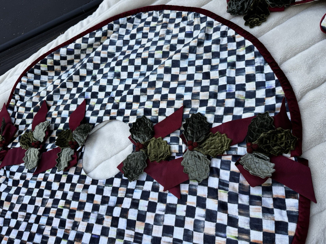 MacKENZIE CHILDS HOLIDAY   VELVET Holly And Beaded Courtly Check TREE SKIRT 46”