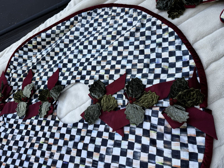 MacKENZIE CHILDS HOLIDAY   VELVET Holly And Beaded Courtly Check TREE SKIRT 46”