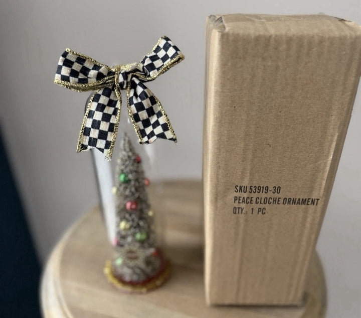 Retired Mackenzie Childs Courtly Check Peace Cloche Christmas OrnamentNew In Box