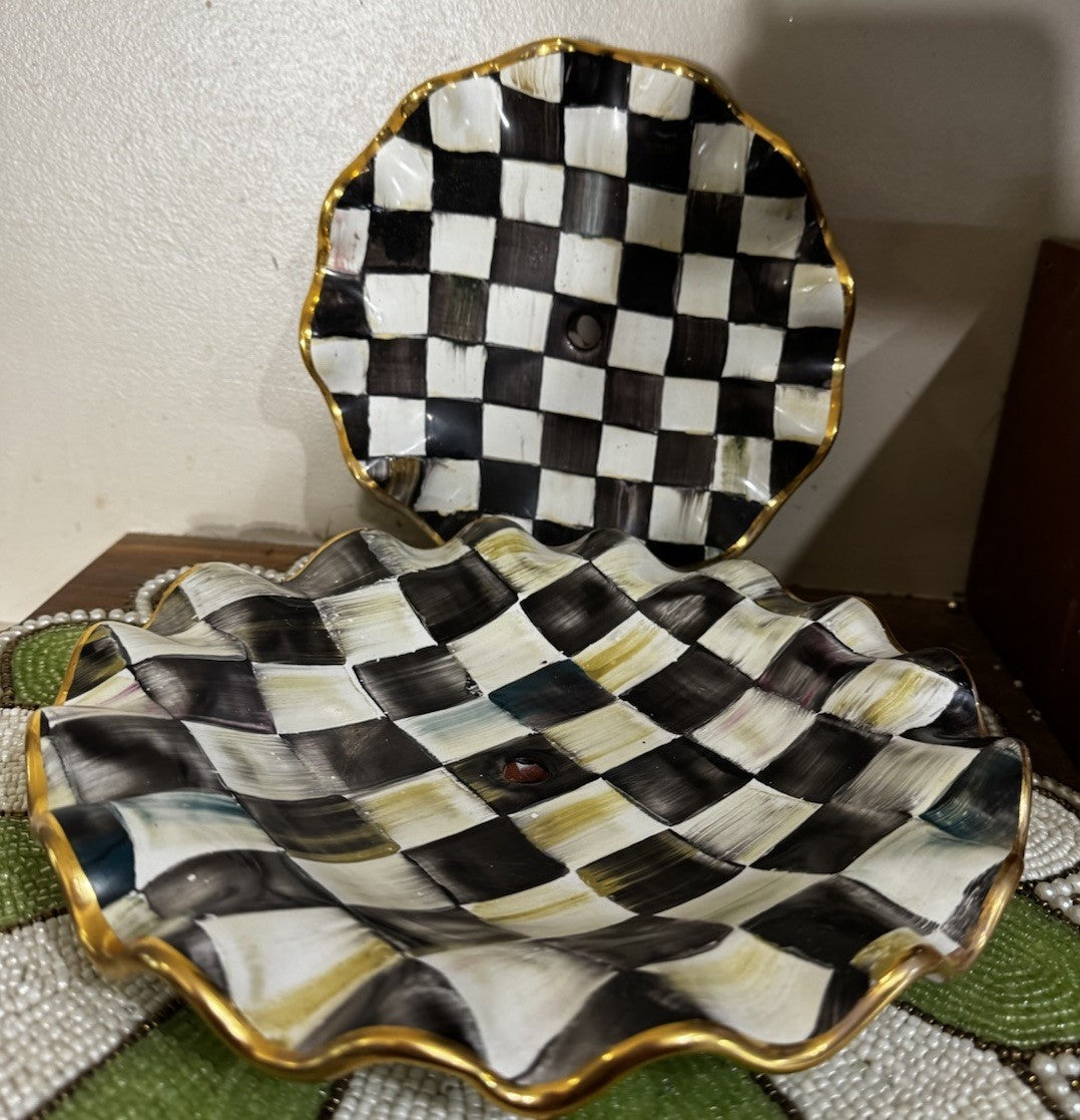 Mackenzie Childs Courtly Check Ceramic 7” Plate Fluted With Hole