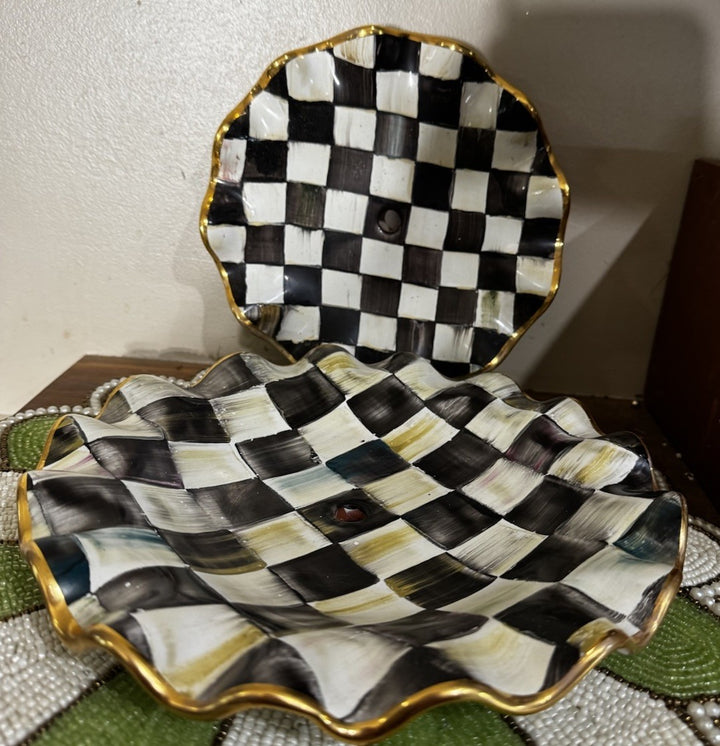 Mackenzie Childs Courtly Check Ceramic 7” Plate Fluted With Hole