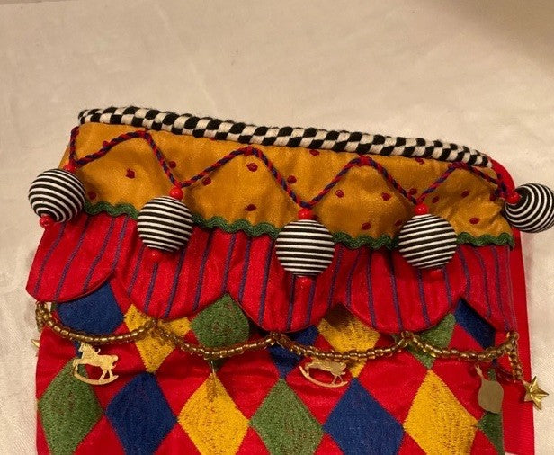 MacKenzie Childs Jester Christmas Stocking Striped 15” gold charms black beads