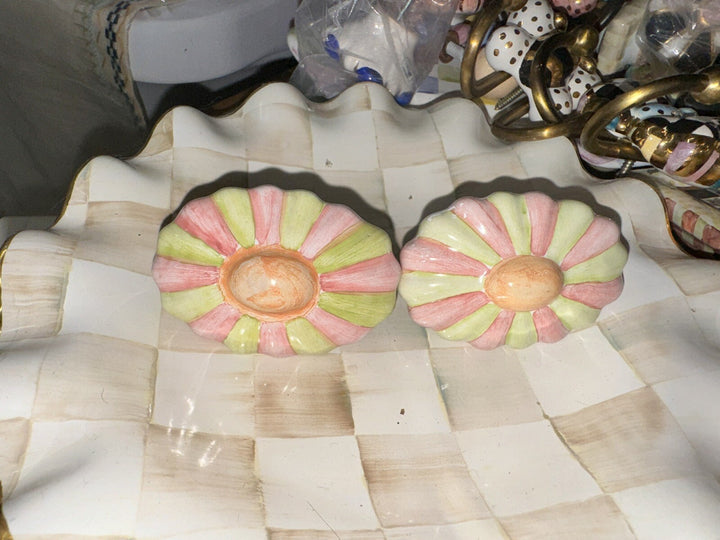 MacKenzie Childs Pottery Ribbed Majolica Cabinet Pulls 1 Knob- Pink And Green