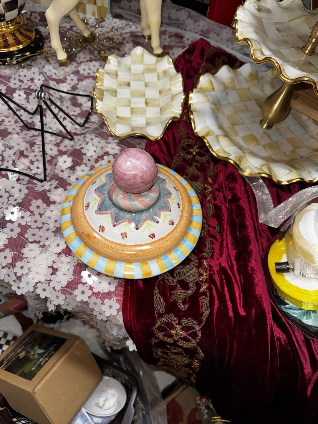 Mackenzie Childs Odd Fellows Hand Painted Ceramic Groovy Canister Lid Only