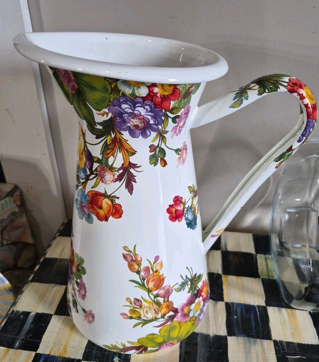 MacKenzie Childs White Flower Market LARGE Practical Pitcher 12”Tall FARMHOUSE
