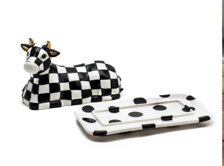 MACKENZIE CHILDS COW CREAMERY Butter Dish Courtly Check Retired