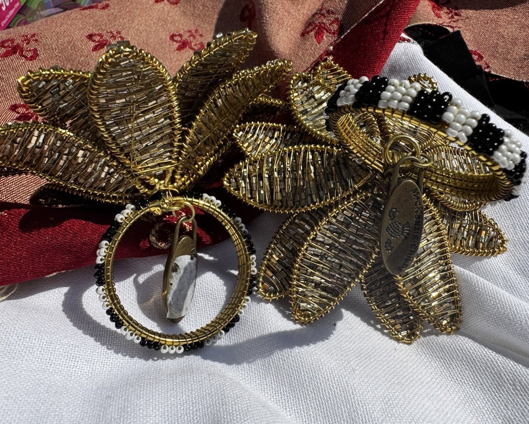 Mackenzie Childs Golden Flower Napkin Ring Set Of 2- Beaded - Retired