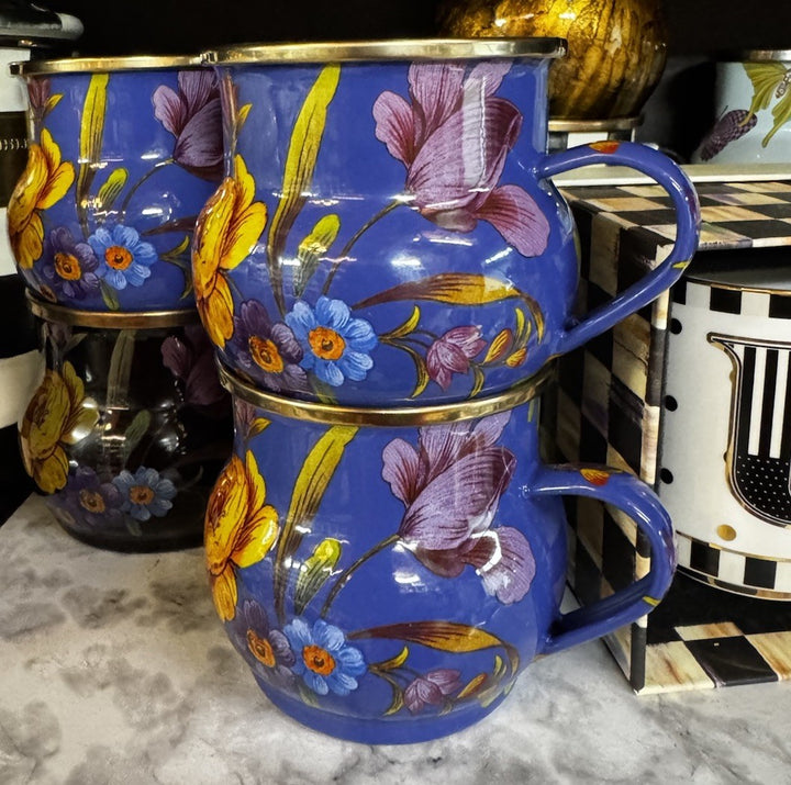 MacKenzie Childs Blue Lapis Flower Market Enamel 16 oz. Mug  NEW