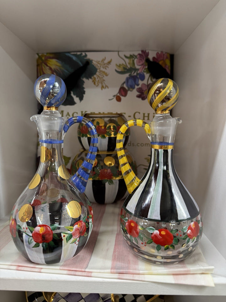 Mackenzie Childs Oil Or Vinegar Cruet Blue Top Red Flowers Circus Design 7.25”