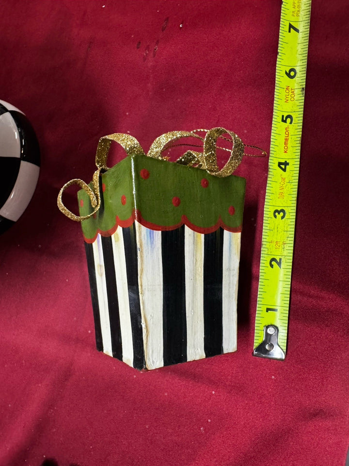 MacKenzie Childs Metal Present Ornament -4”x4” Courtly Stripe With Green Top