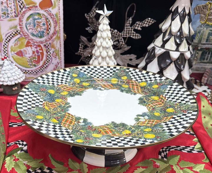 MACKENZIE CHILDS Courtly Check Evergreen Enamel Pedestal Platter - LARGE 16 Tall