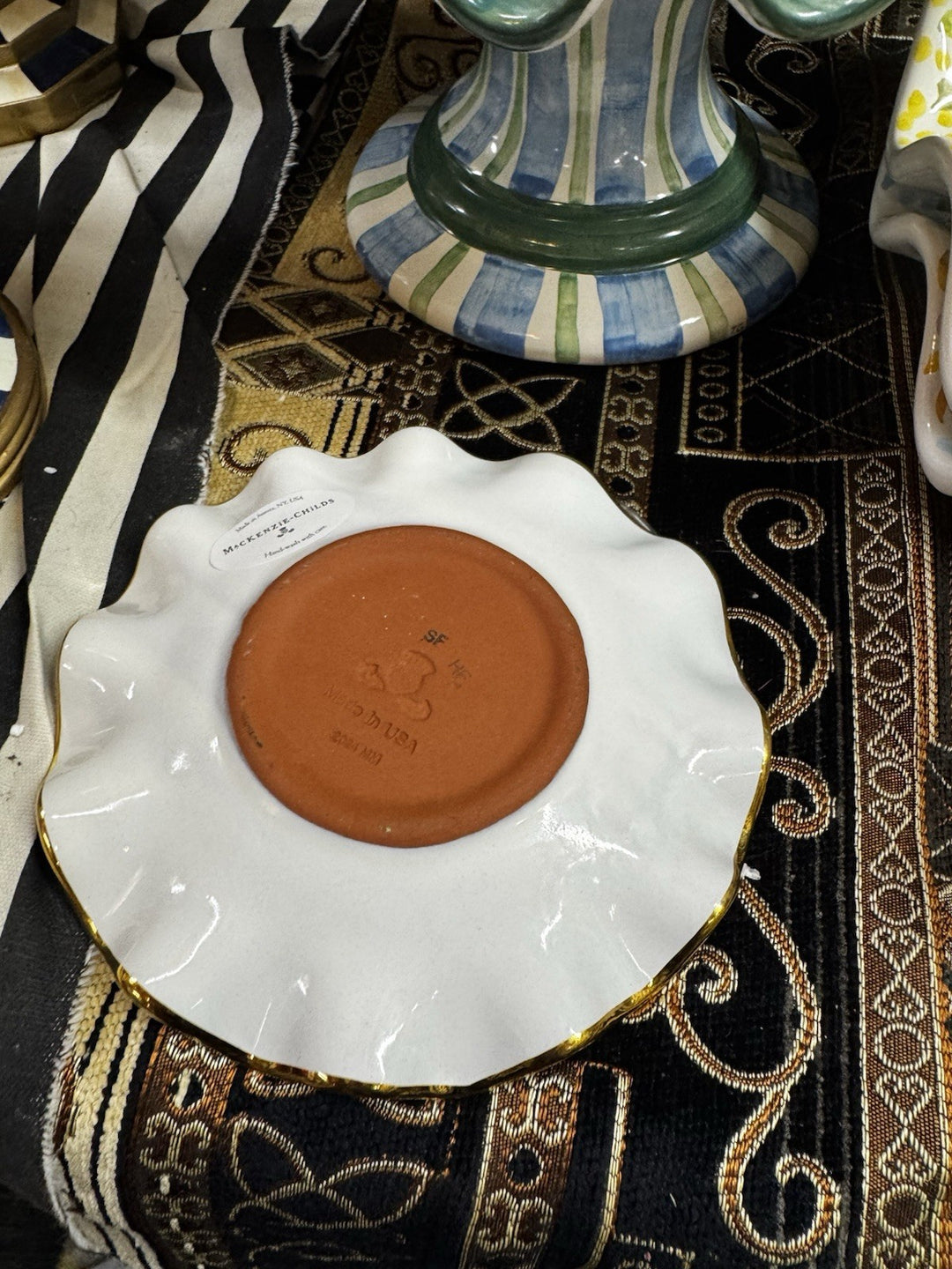 Mackenzie Childs Plum Check Ceramic Fluted 6” Saucer . New