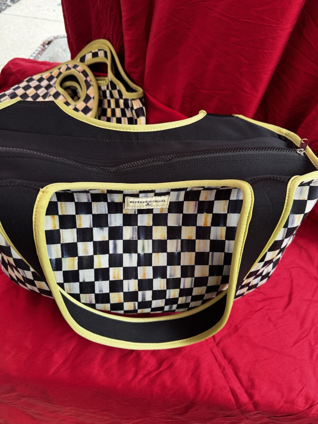 MacKenzie Childs Courtly Check & Green CARRYALL Travel Tote Neoprene 11" x 16”