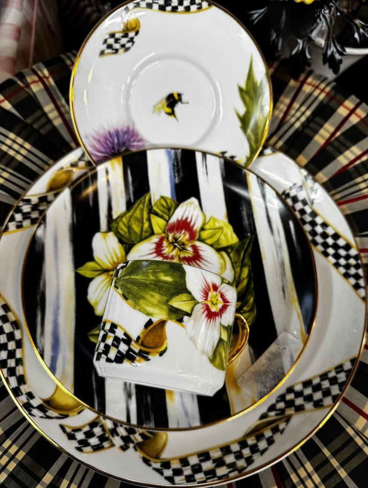 MacKenzie-Childs Thistle & Bee Flat Cup and Saucer Set - Pristine