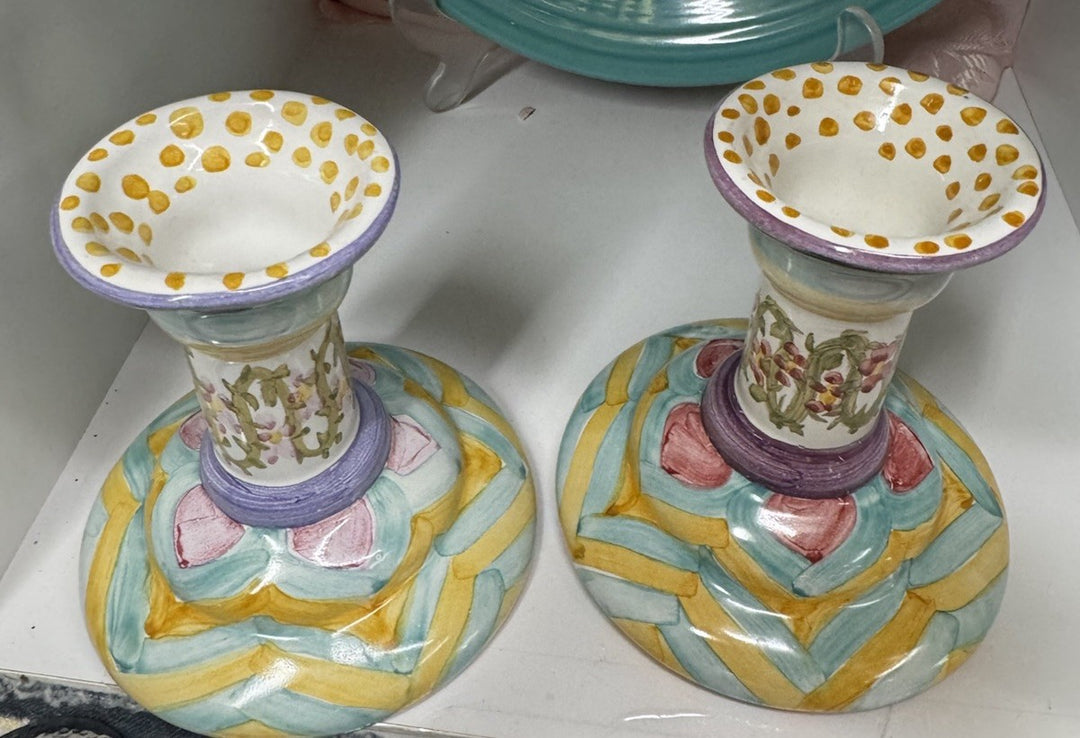 Mackenzie Childs Set Of 2 Taylor Hitchcock Field  Candlestick Holders Retired