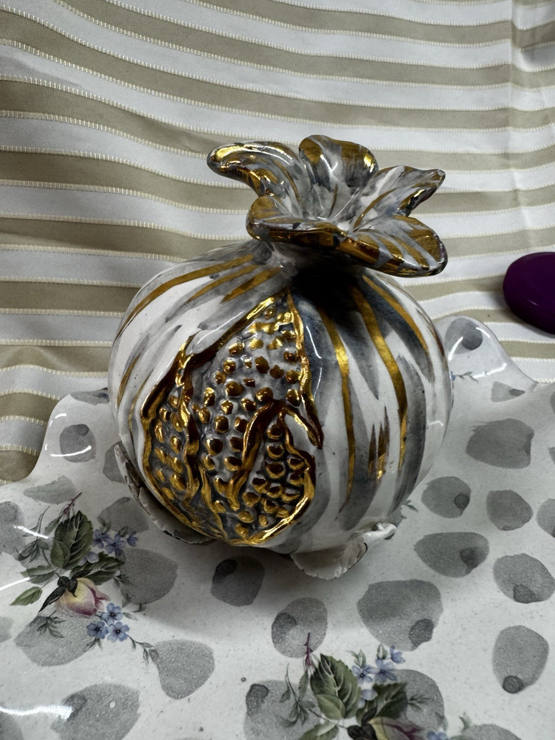 Italian Ceramic Silver painted pomegranate Life Sized- Goes With Mackenzie Child