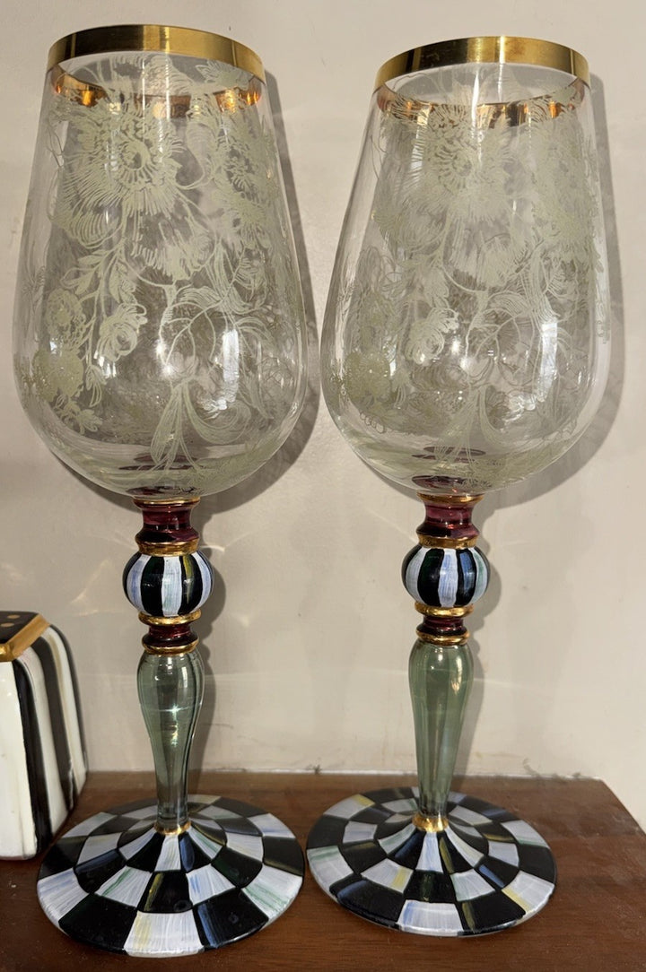 Set Of 2 MacKenzie Childs Blooming Wine Glasses Goblet Courtly Check Excellent
