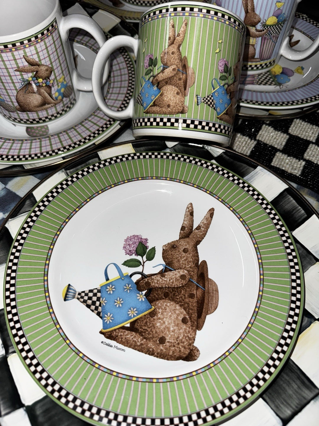 Debbie Mumm Sakura Easter Plate 8 1/4" Bunny Easter Watering Can 1998- Checks